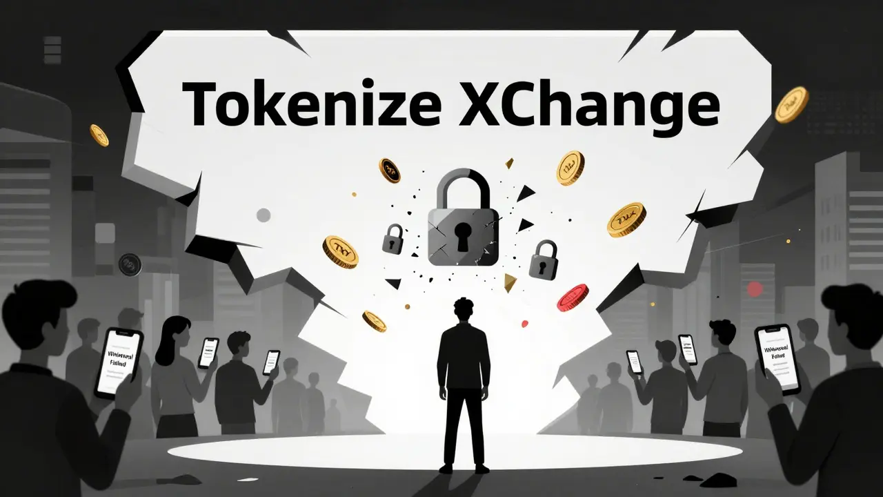 Person facing crumbling Tokenize Xchange wall as tokens turn to dust and users face failed withdrawals.