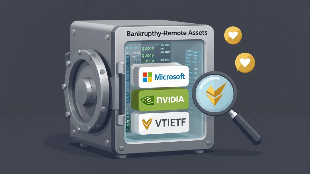 Secure vault holding real US stocks protected by Ethereum blockchain code and audit verification icons.