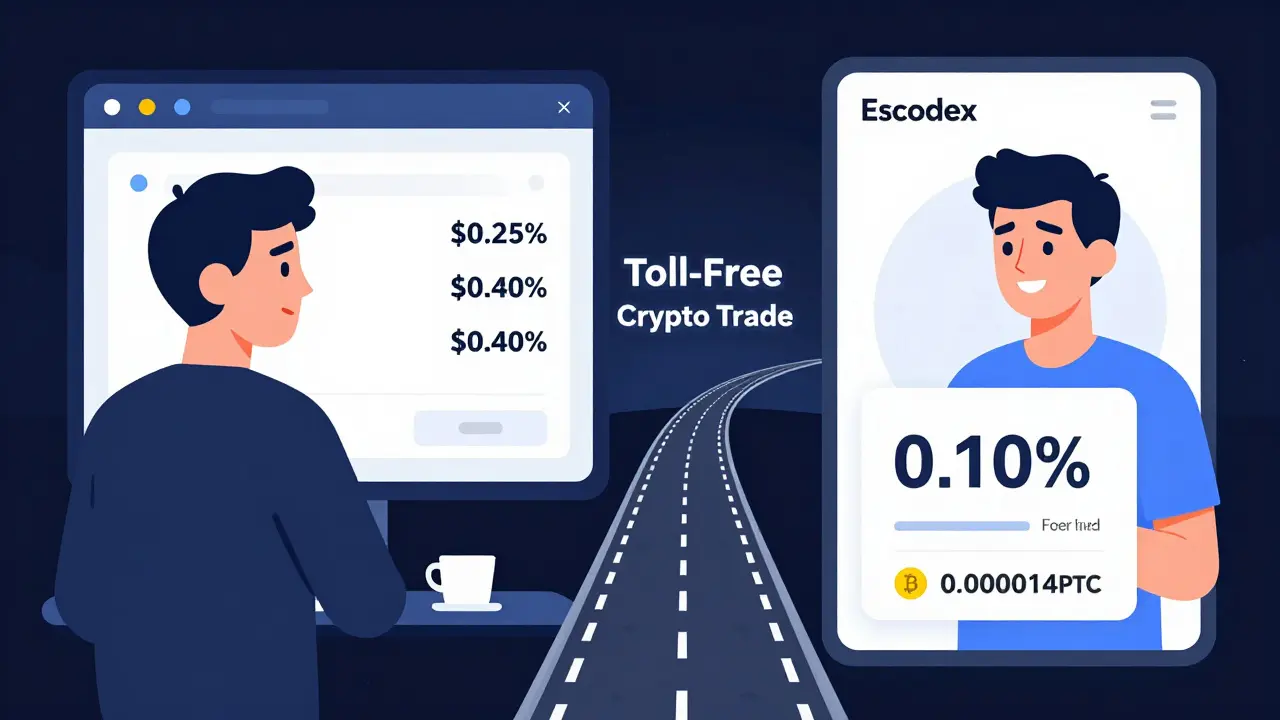 Split scene: high fees on left, Escodex's low fee on right, connected by a crypto highway.