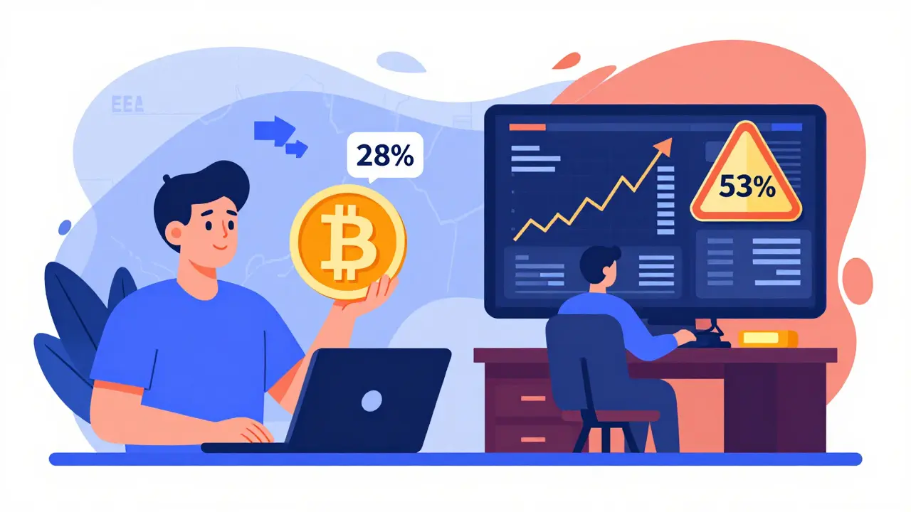Split-screen: calm staker with 28% tax vs. busy trader with 53% tax, EEA map and tax-free trade arrows.