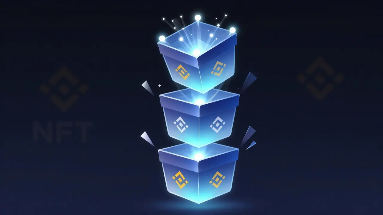 Three mystery boxes floating in mid-air, each with increasing numbers of radiant points representing NFT rarity tiers.