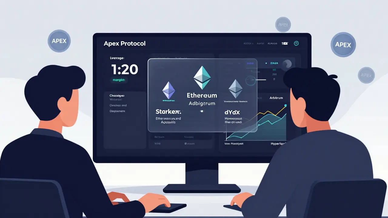Trader using Apex Protocol with leverage controls and cross-chain deposits moving instantly between networks.
