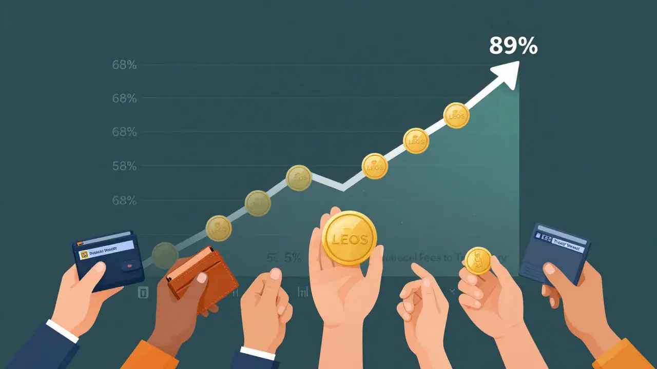 Trust score graph made of LEOS tokens with hands receiving tokens, symbolizing community trust and governance.