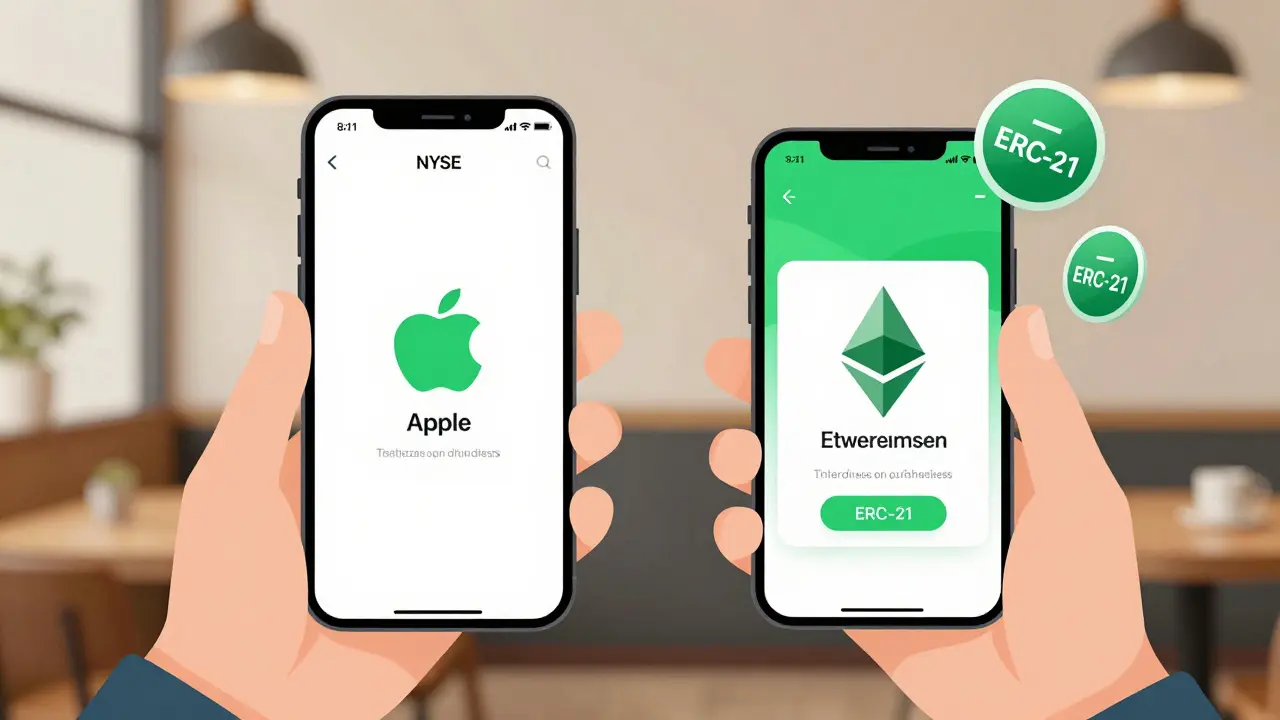 User on smartphone viewing tokenized Apple shares, with real stock and blockchain versions side by side.