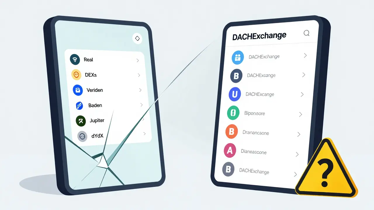 A cracked mirror showing real crypto transactions versus a phantom DACHExchange interface with disappearing tokens.