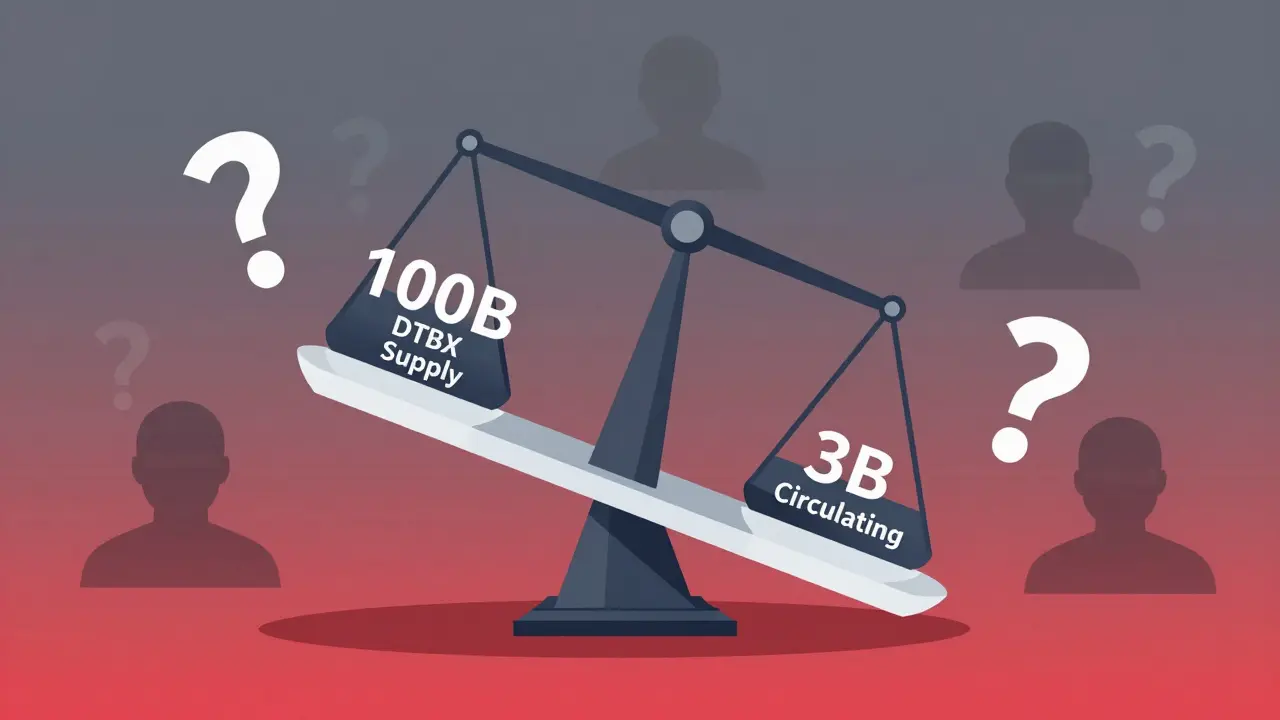 A fractured digital scale tipping under conflicting DTBX supply numbers, surrounded by question marks and anonymous faces.
