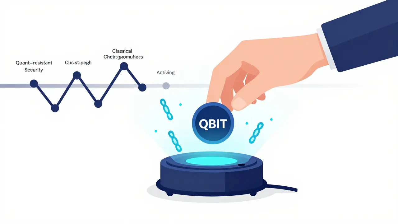 A hand placing a QBIT token into a quantum generator as entangled particles float around.