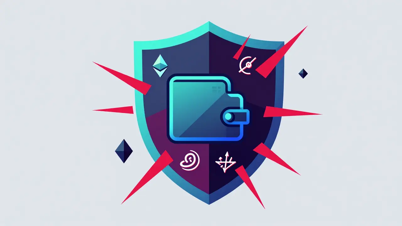 A quantum shield protecting a crypto wallet from attack vectors, with major blockchains embedded.