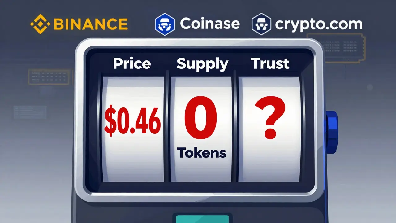 A slot machine with reels labeled Price, Supply, and Trust spinning wildly against exchange logos.