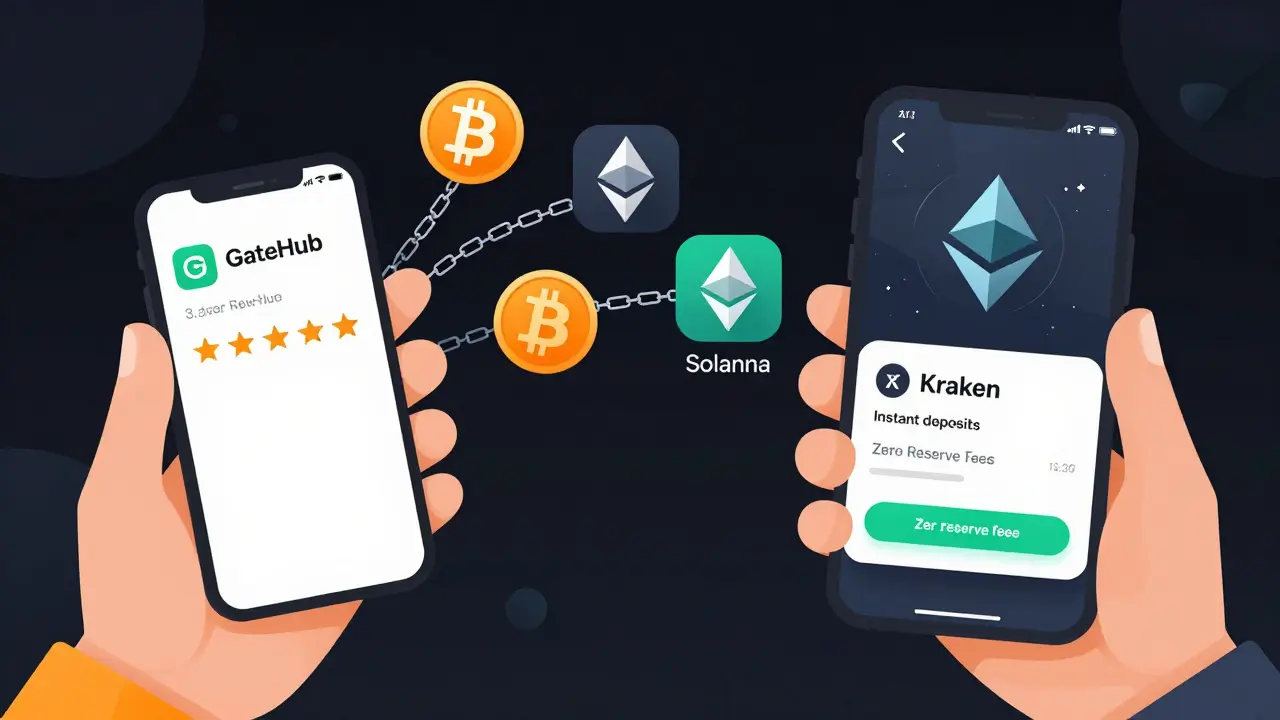 A user comparing the poorly rated GateHub app with a sleek alternative showing instant deposits and no fees.