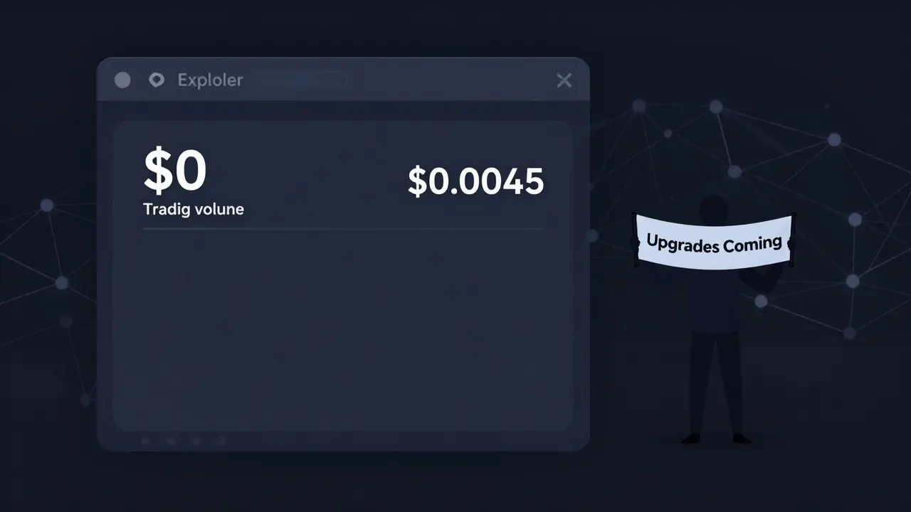 An empty blockchain explorer showing <h2>What’s Next for Dotblox?</h2> volume and <h2>What’s Next for Dotblox?</h2>.0045 price, with a shadowy figure holding a banner of future upgrades.
