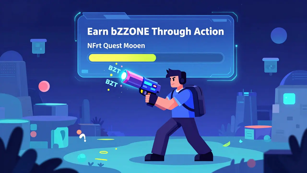 Blockchain gamer earning BZZT and BZZB tokens by completing a quest in a neon metaverse environment.