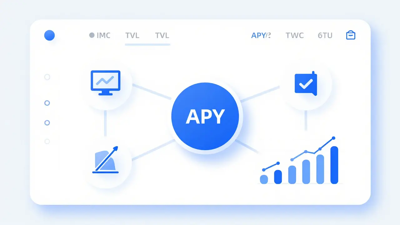 Dashboard with abstract icons for TVL, APY, revenue, and user activity metrics.