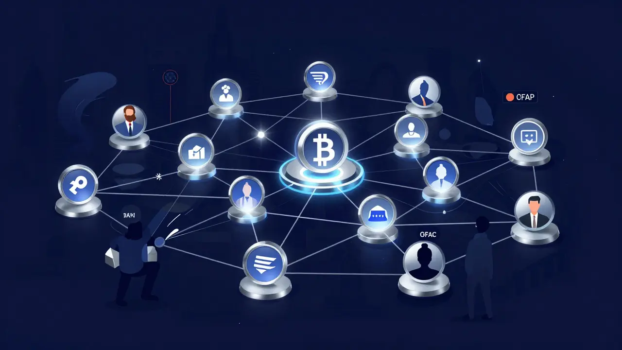 Decentralized blockchain network of Iranian users connecting via VPNs and P2P platforms across international borders.