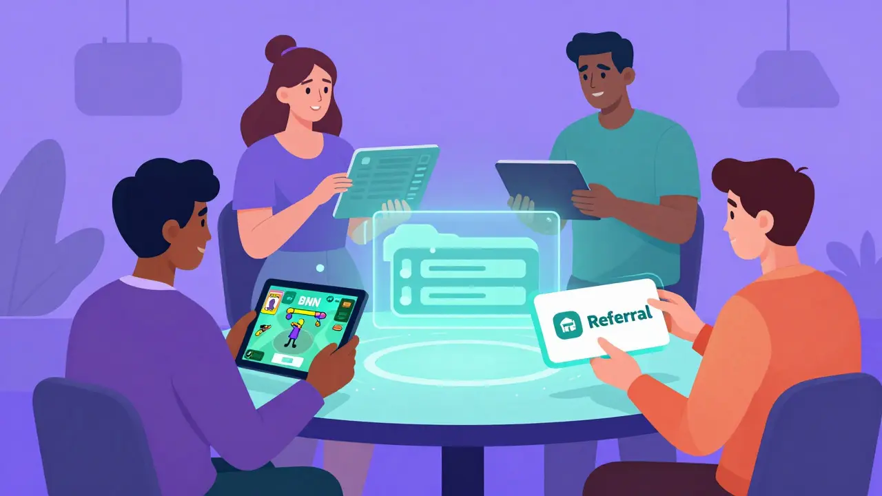 Diverse players interacting with holographic XCarnival platform and staking interface