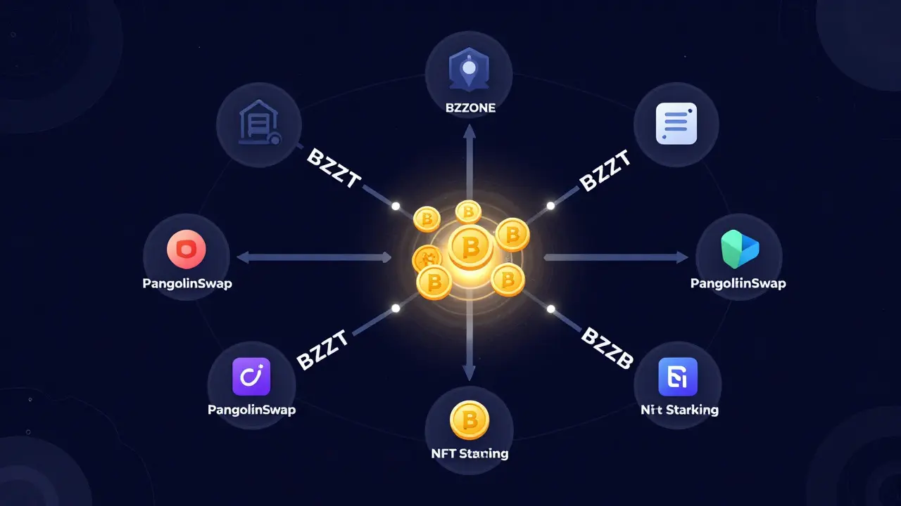 Ecosystem map linking PangolinSwap, NFT staking, and blockchain games to generate BZZONE tokens through user activity.