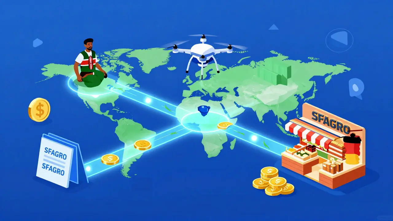 Global connection between farmers and buyers via glowing SFAGRO blockchain pathways, no middlemen present.