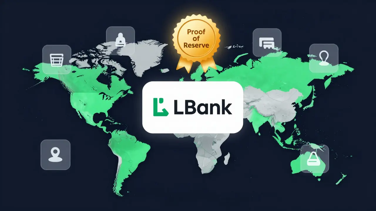 Global map showing allowed and blocked regions with trading features floating around LBank logo