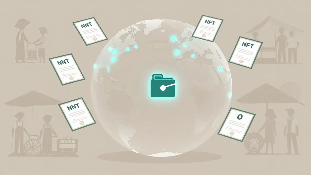 Globe with SFAGRO nodes lighting up across farming regions, NFT certificates drifting between farms and buyers.