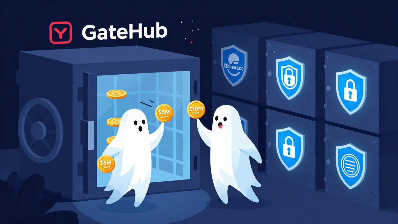 Hackers stealing funds from a GateHub vault with no cold storage, while secure competitors glow with protection.