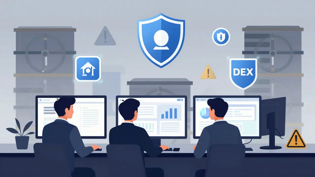 Institutional traders using secure CEX platform with compliance badges and cold storage