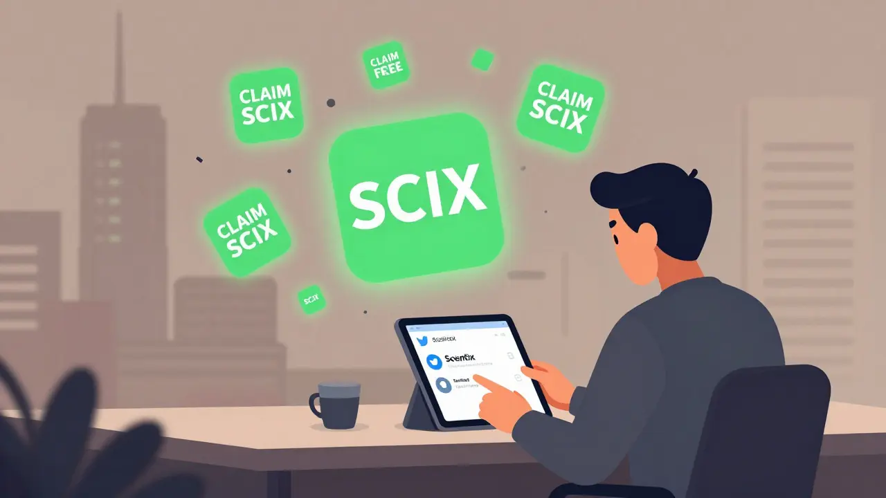 Investor checking official Scientix Twitter while fake airdrops vanish