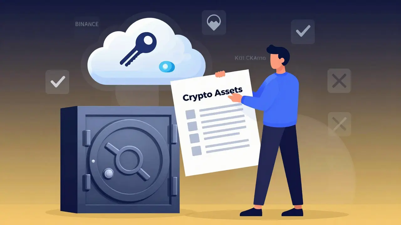 Person holding printed 2FA recovery codes beside a locked crypto vault.