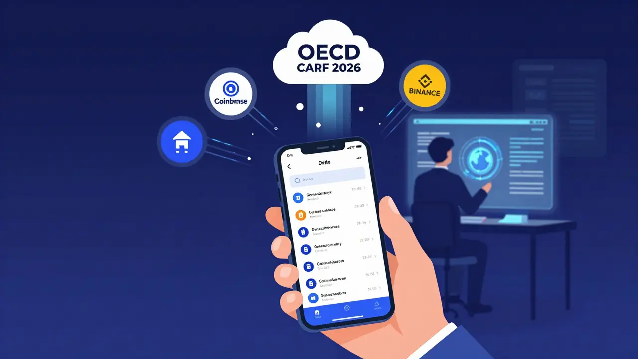 Person viewing crypto transactions on phone while exchanges send data to a CARF cloud, with a tax observer in background.