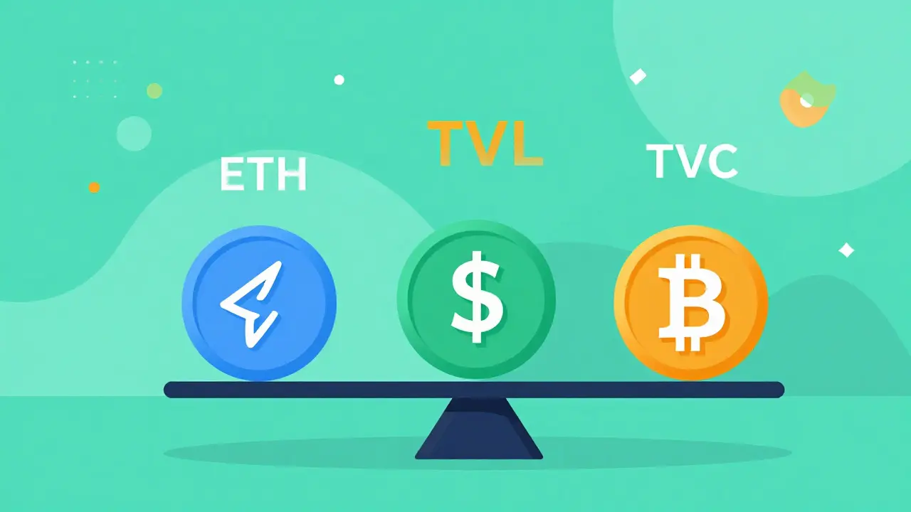 Scales balancing ETH, USDC, and BTC assets with dollar signs for TVL calculation.