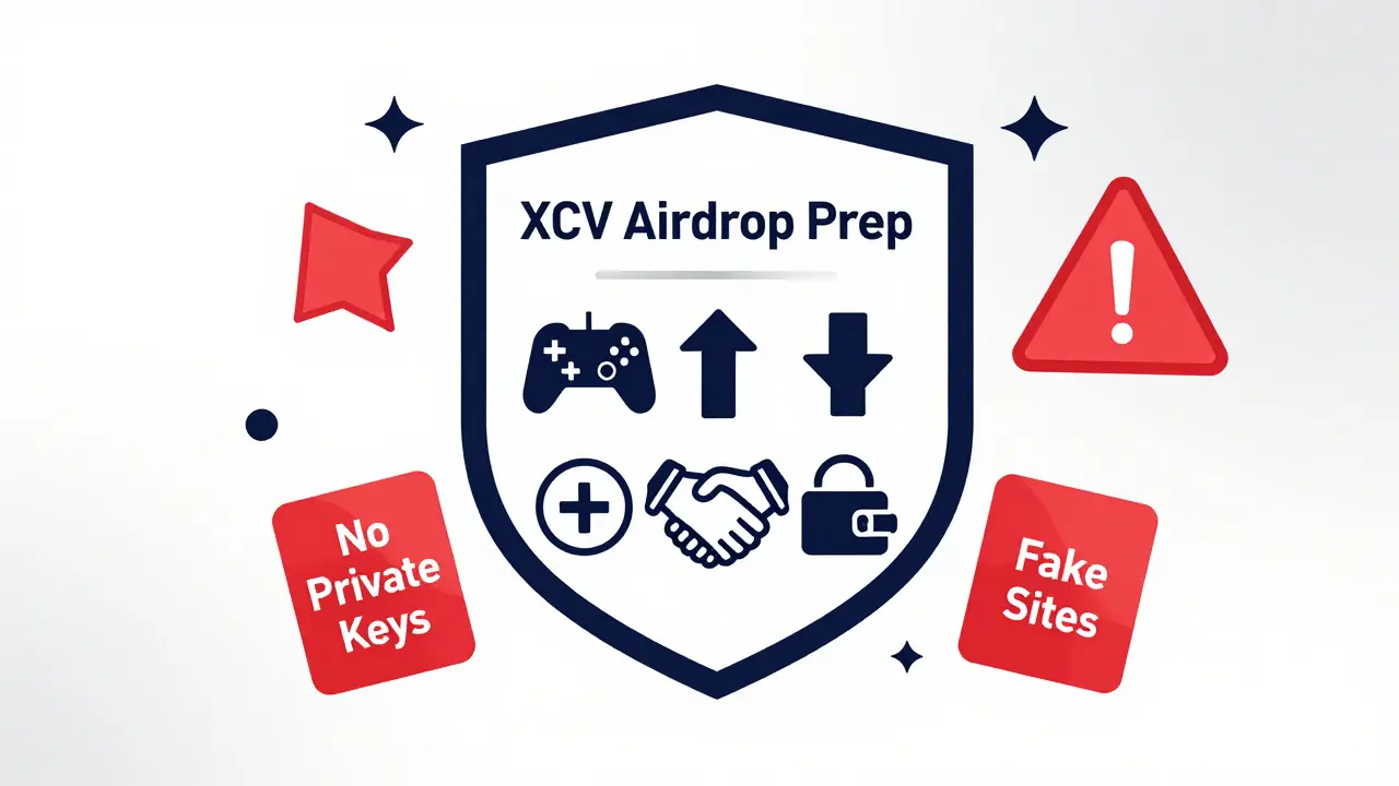 Shield badge with prep icons and scam warnings for XCV airdrop readiness