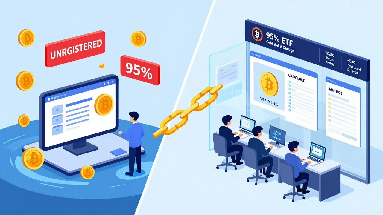 Split scene: chaotic unregistered crypto platform vs. orderly Japanese exchange with cold wallets and Bitcoin ETF on Tokyo Stock Exchange ticker.