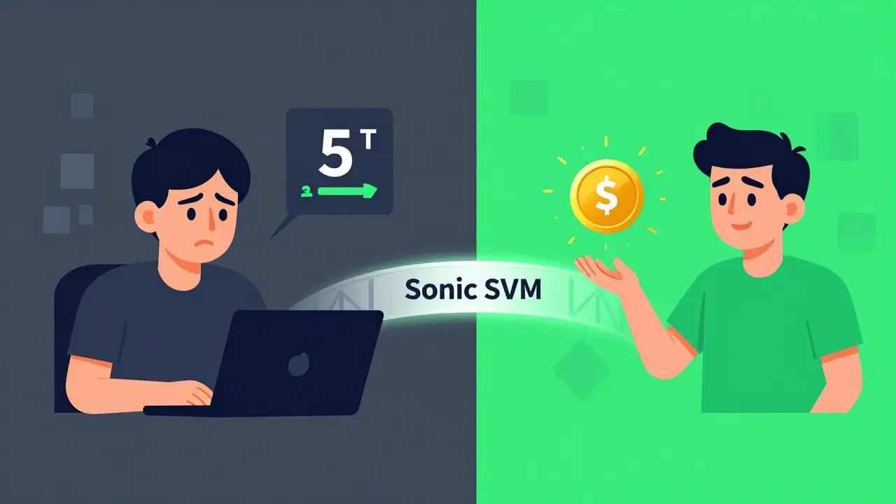 Split scene contrasting slow blockchain transactions with instant Sonic SVM confirmations, symbolizing speed improvement.