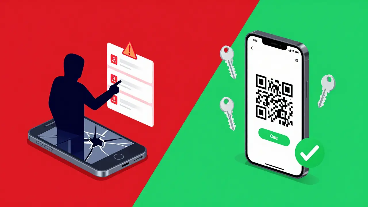 Split scene: hacker attempting SMS theft vs. secure QR code scan with authenticator app.