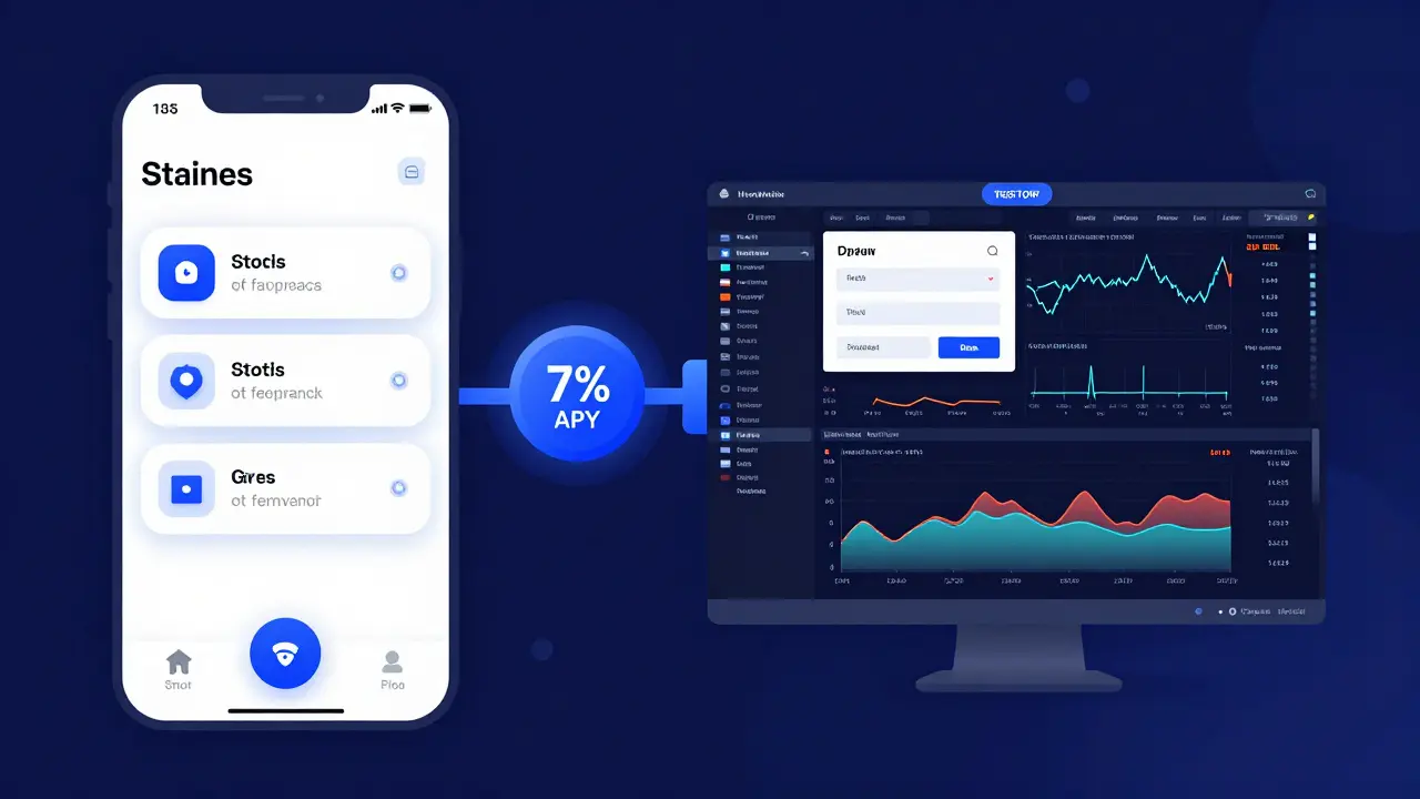Split-screen of mobile staking interface and desktop trading terminal with charts and heatmaps