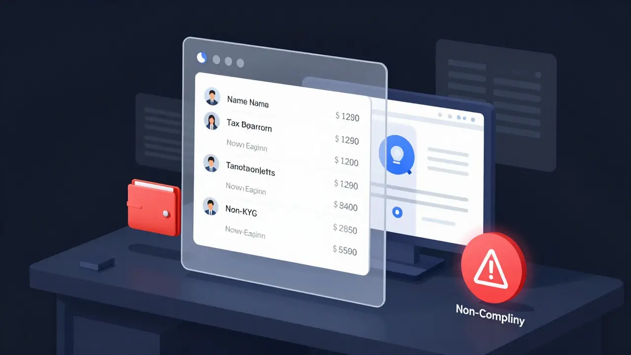 Transparent blockchain ledger syncing personal crypto transaction data to a government tax server with a non-compliant wallet warning.