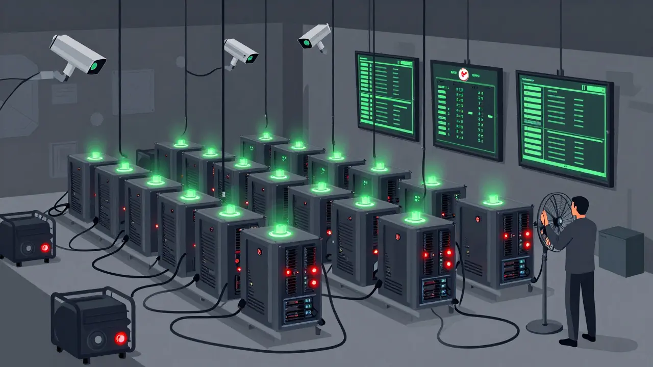 Underground crypto mining operation in a Tehran basement with buzzing miners and government surveillance monitors.