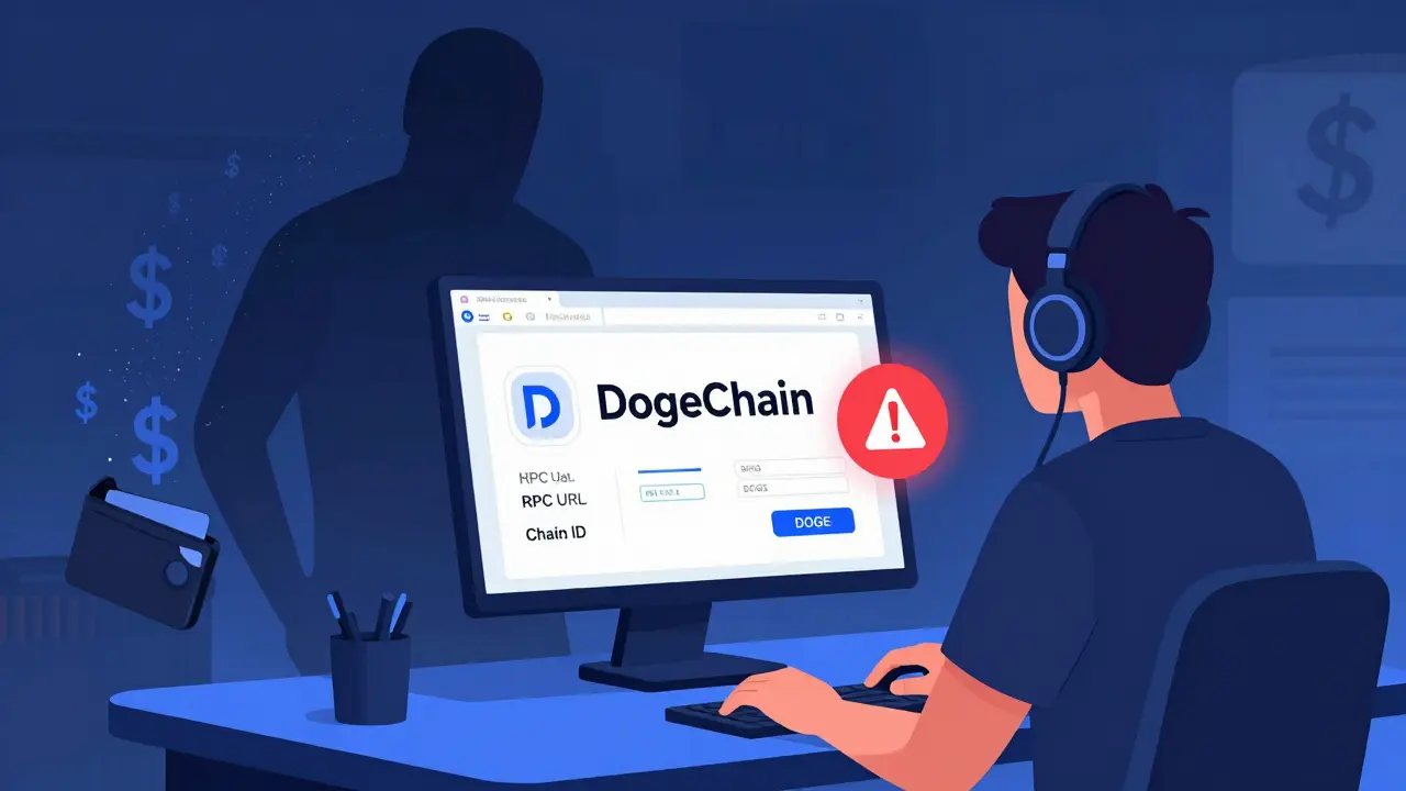User configuring DogeChain in MetaMask with a warning icon and fading lost wallet shadow.