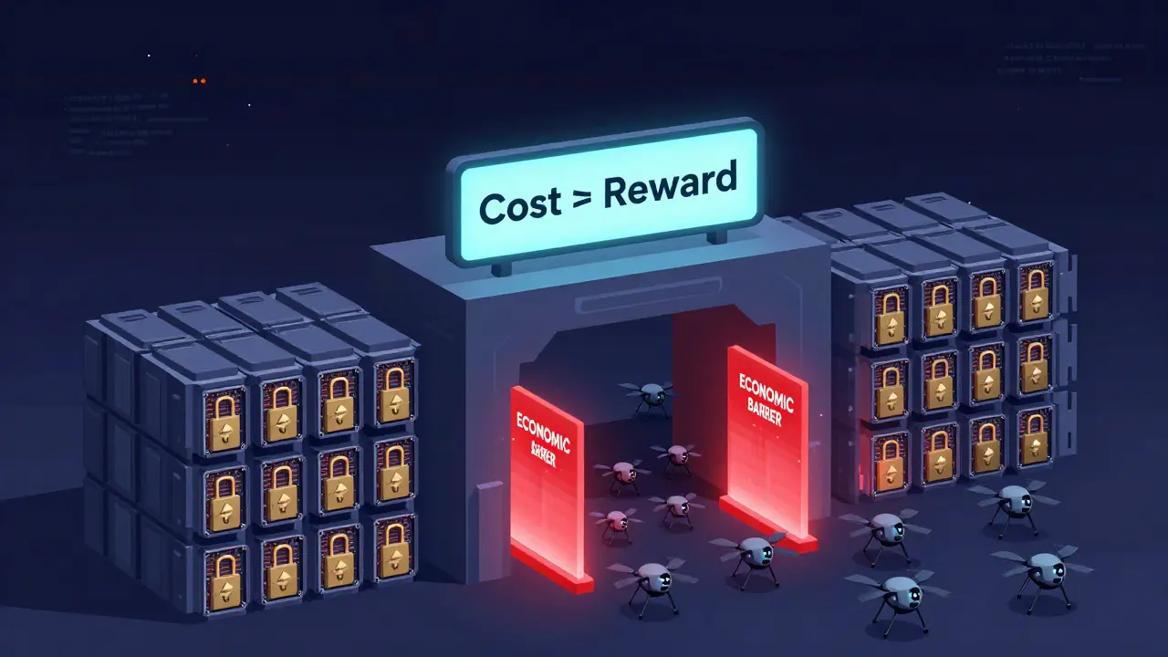 A blockchain fortress defended by economic barriers against a swarm of attacking fake nodes.