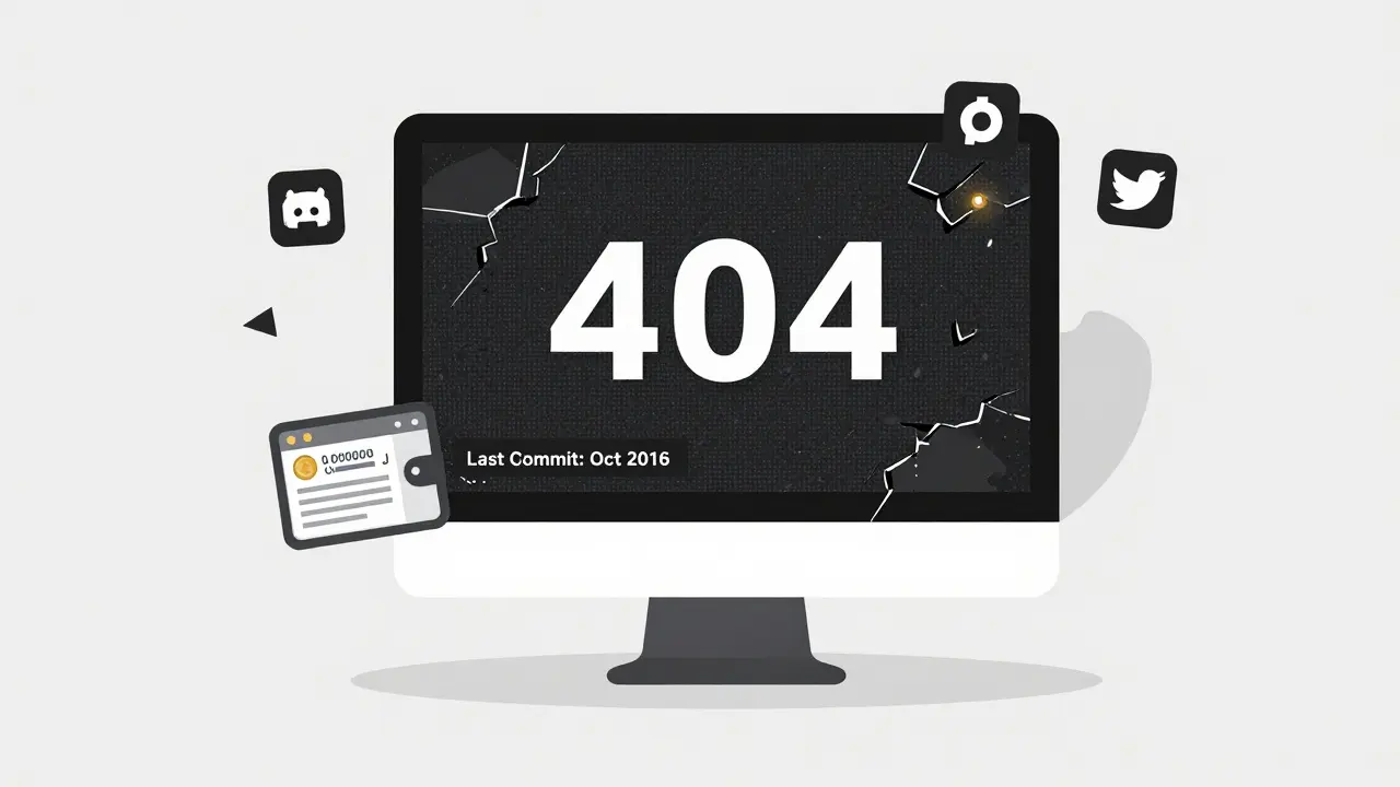 A broken monitor showing '404' and outdated wallet with 'Last Commit: Oct 2016'.