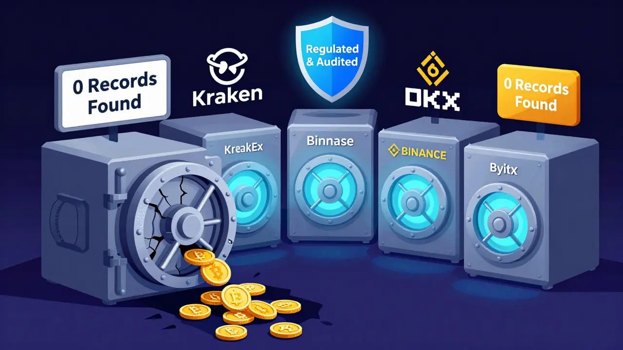 A broken vault labeled CreekEx spilling coins into darkness, while five secure vaults stand intact.