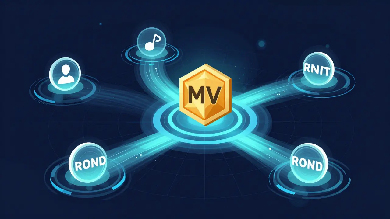 A central MV token powers flowing ROND tokens in a blockchain-inspired ecosystem with polygonal grid lines.