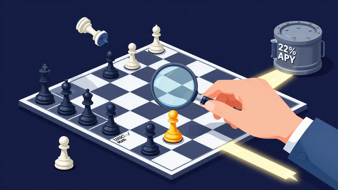 A chessboard with a hand adjusting a liquidity position on USDC/USDT while others collapse.