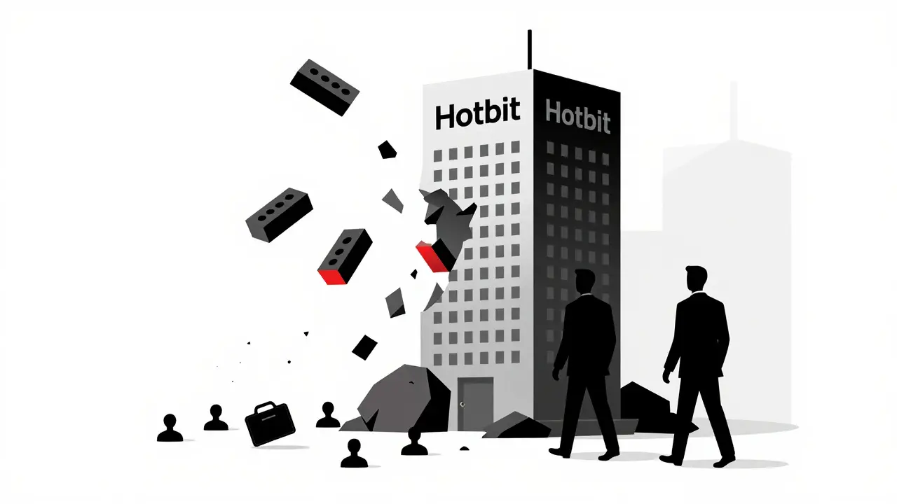 A crumbling tower labeled 'Hotbit' with missing regulatory and fee bricks, users scrambling below as executives walk away.
