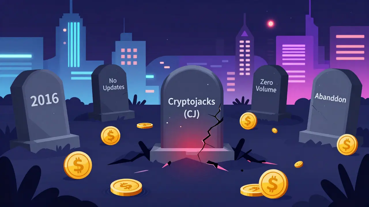 A crypto graveyard with Cryptojacks' tombstone among glowing, active coins.