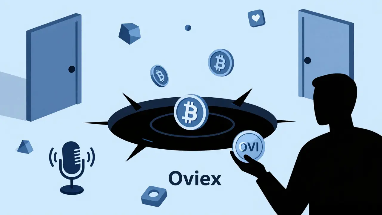A crypto wallet sending funds into a black hole labeled Oviex, surrounded by symbols of abandonment and fraud.