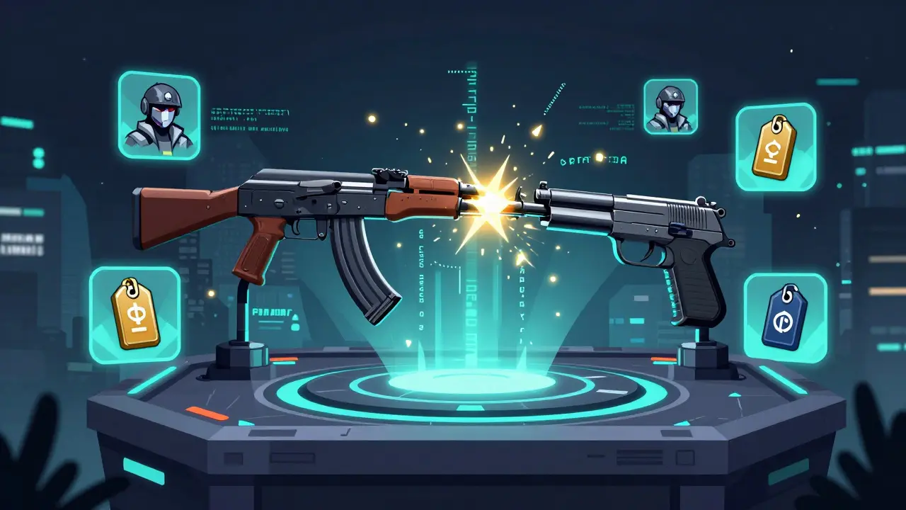 A futuristic station merging two digital guns into one unique weapon, surrounded by blockchain code and NFT icons.