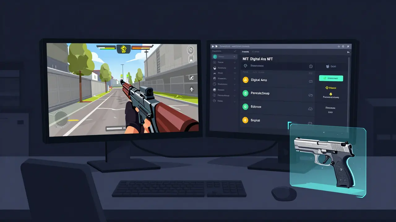 A game developer’s desk with a real pistol beside its digital NFT twin on a monitor, showing live blockchain verification.