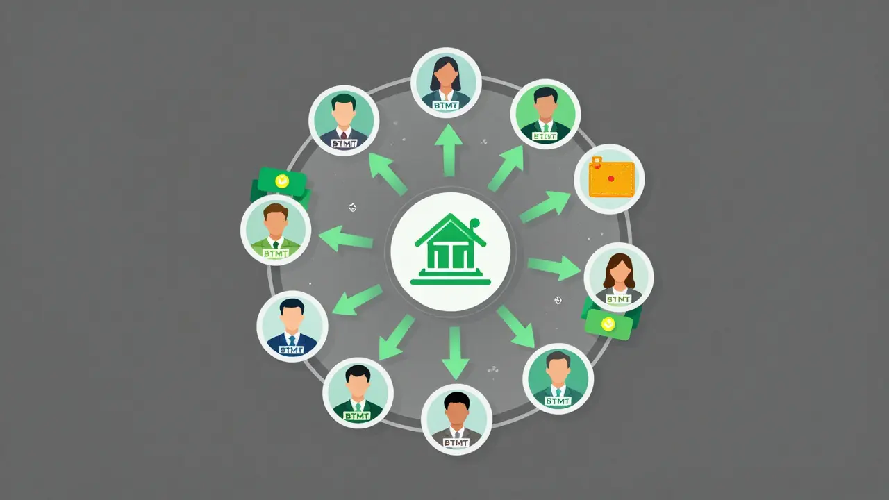 A governance wheel with BTMT holders influencing ESG projects like solar mining rigs through voting power flow.