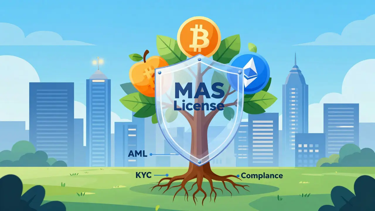A protected crypto tree with compliance roots grows under a regulatory shield in a futuristic Singapore fintech city.