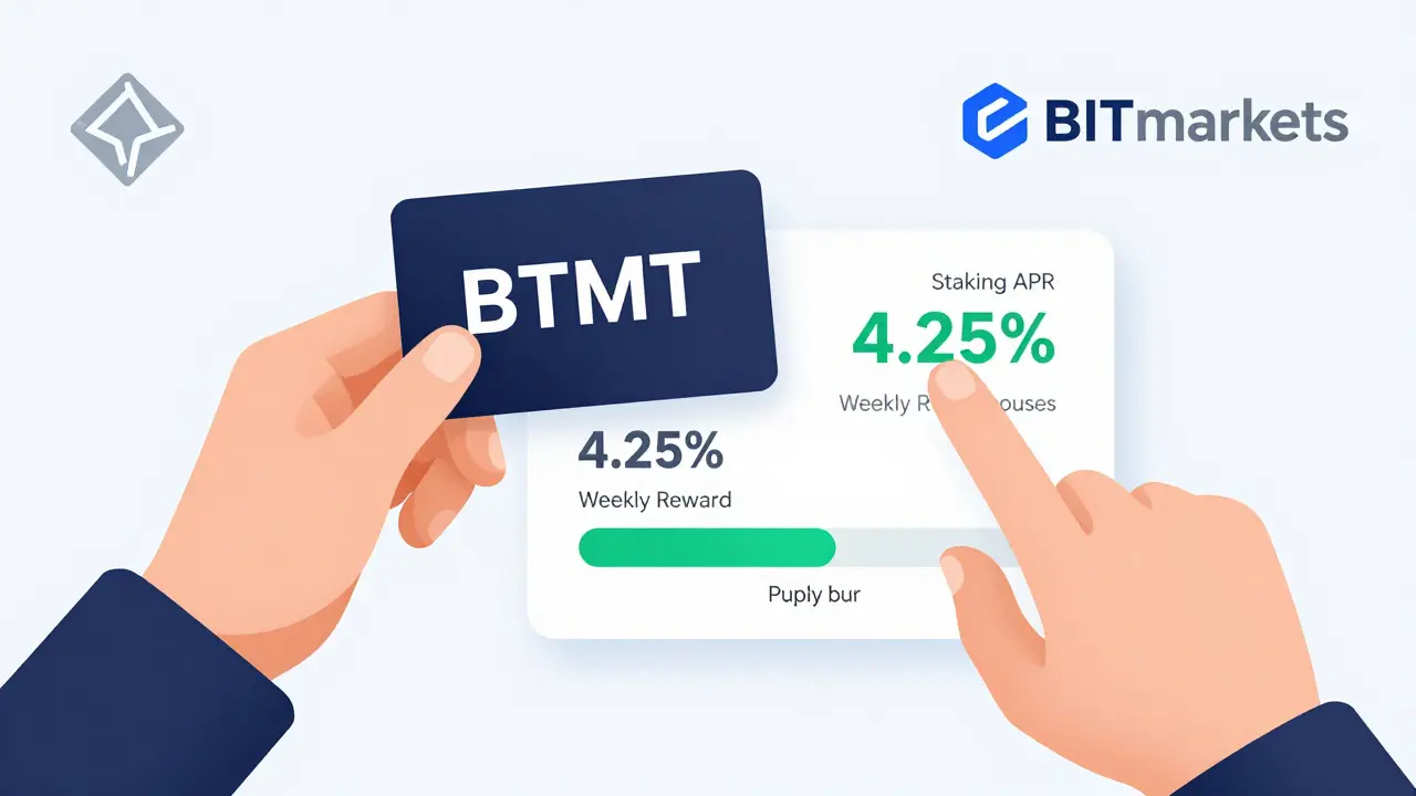 A user interacting with a BTMT token card showing staking APR and supply burn progress on a Polygon blockchain interface.